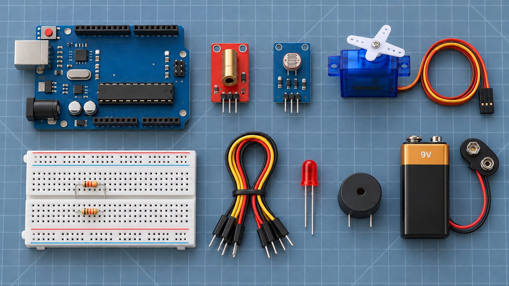 Ilustración del kit: Arduino, módulo láser, sensor de luz, servomotor, protoboard, resistencias, cables, LED, zumbador y batería rectangular de 9 V con broche