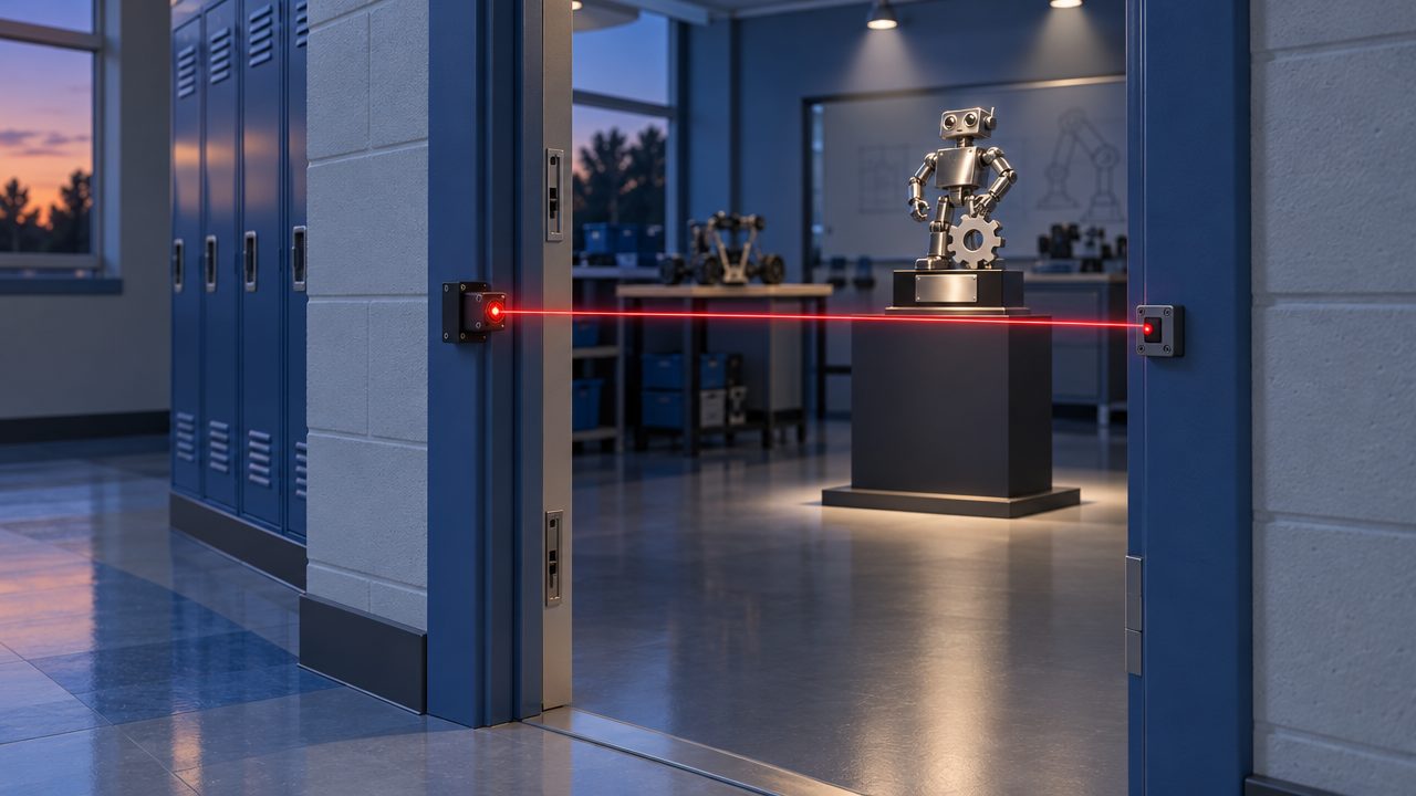 Ilustración de la puerta de un laboratorio de robótica protegida por un haz de luz roja que va de un lado al otro del marco; al fondo, un trofeo con forma de robot sobre un pedestal