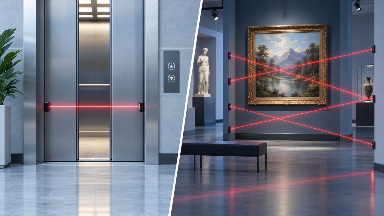 Ilustración de la puerta de un ascensor con un haz sensor y de un museo con haces láser de seguridad
