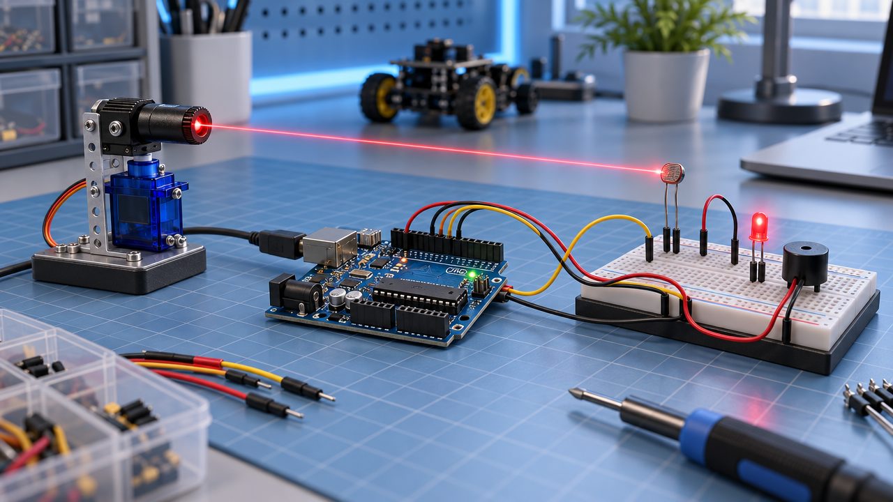 Ilustración de un escritorio con un Arduino, un láser rojo sobre un servomotor y un sensor de luz recibiendo el haz