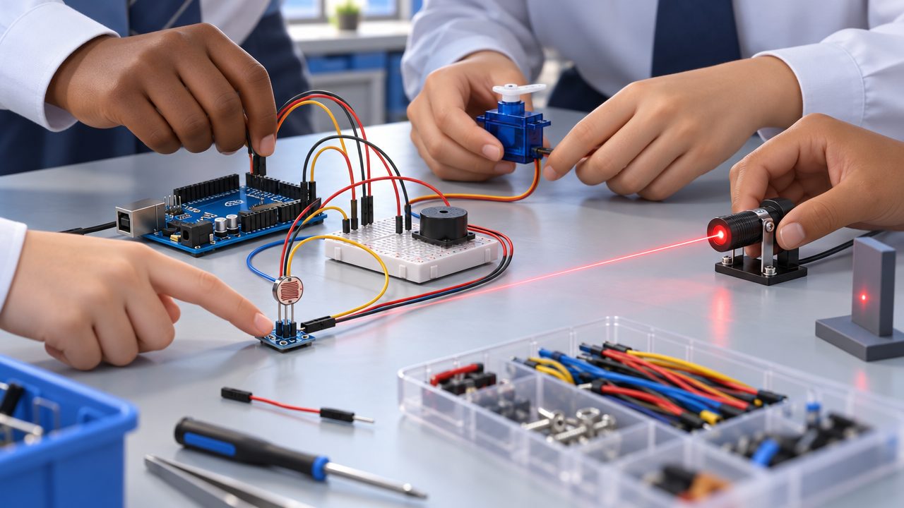 Ilustración del trabajo en equipo: manos de estudiantes junto a una placa Arduino, protoboard, cables, sensor, zumbador, servomotor y módulo láser con un haz rojo visible. No es una fotografía del montaje real